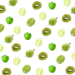  Set of fresh green fruits on white background