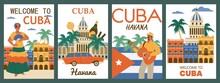 Cuba Havana Journey Banner Or Poster Templates Set, Flat Vector Illustration.