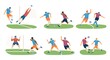 Soccer male players in different poses on football field, flat vector illustration isolated on white background.