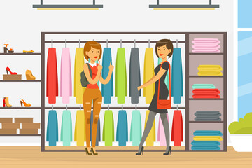 Wall Mural - Young Woman in Fashion Store Choosing Clothing Doing Shopping Vector Illustration