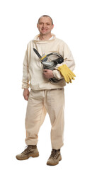 Wall Mural - Beekeeper in uniform with tools on white background