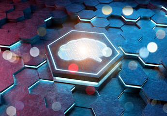 Aufkleber - Brain icon concept engraved on metal hexagonal pedestral background. Artificial intelligence symbol glowing on abstract digital surface. 3d rendering