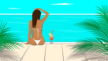 Young Woman On Vacation In Bikini Sits On The Pier And Looks At The Sea, Vector Illustration, Digital Art.