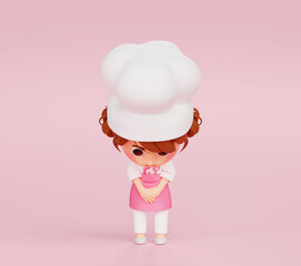 Cute chef girl in uniform bowing feeling sorry and apologize restaurant mascot character logo on pink background 3d illustration cartoon