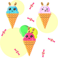 Poster - Vector illustration of colorful ice creams with cute faces, sweets, and candies