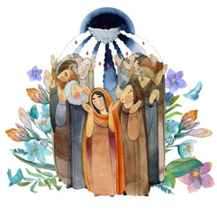 Wall Mural - Watercolor illustration Descent of the Holy Spirit on the Apostles, Holy Trinity Day, Pentecost, whitsunday. Praying men and women, the Holy Spirit in the form of a dove. Christian art