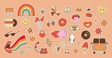 Big Retro Set Of Stickers With Hippie Culture Elements. Positive Psychedelic Outline Colored Icons In 70s 80s Style. Old Fashioned Vintage Objects And Signs. Vector Illustration Isolated On Background