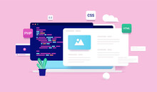 Web Development Vector Illustration With Laptop Computer Screen, Abstract Code And Programming Design Elements