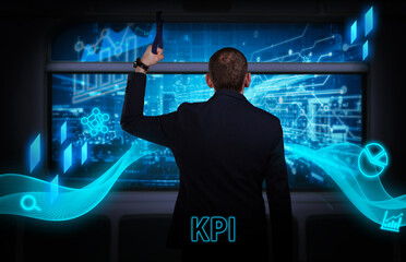 Business, technology, internet and network concept. Young businessman thinks over the steps for successful growth: KPI