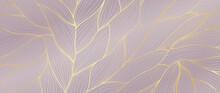 Luxury Golden Leaf Vector Background. Foliage Wallpaper Design With Gold Line Art On Dark Background, Hand Drawn Leaves. Elegant And Shining Line Design Illustration Perfect For Decorative, Prints.