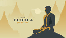 Happy Vesak Day, Buddha Purnima Wishes Greetings With A Buddha Vector Illustration. Can Be Used For Posters, Banners, Greetings, And Print Design.