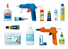 Glue Tubes. Office Supplies Different Packages Of Glue. Vector Colored Illustrations