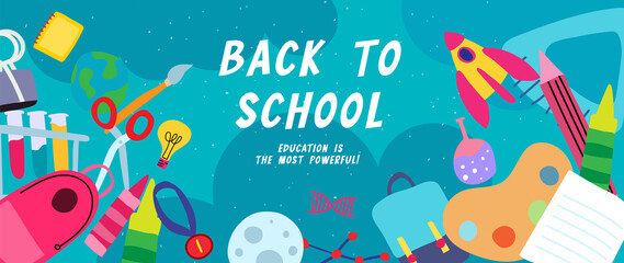 Welcome back to school vector background. Cute hand drawn wallpaper with school stuffs, objects, book, pencil, pen in doodle style. Adorable banner design for education, prints, covers, kids.