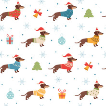 Dachshund Pattern. Christmas Seasonal Template With Long Dog In Winter Knitted Sweaters Clothes For Pets. Vector Seamless Background