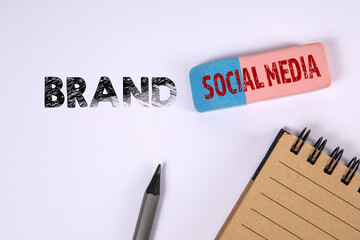 Wall Mural - brand and social media concept. eraser and pencil on office desk