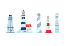 Lighthouse Vector Set. Cute Lighthouse Hand Drawn Nautical Clipart
