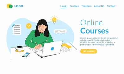 landing page template online education concept. young woman, with laptop sitting at table and record