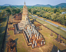 Aerial View Of Wat Phra Sri Rattana Mahathat Rajaworaviharn Temple And Buddha In Si Satchanalai Historical Park, Thailand