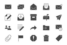 Mail Flat Icons. Vector Illustration Include Icon - Postbox, Label, Letter, Email, Envelope, Spam, Document Attachment Glyph Silhouette Pictogram For Postal Service. Black Color Signs