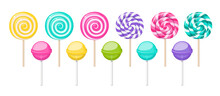 Sweet Lollipops, Spiral And Round Hard Sugar Candies On Stick. Vector Cartoon Set Of Caramel Suckers With Striped Swirls And Colored Bonbon On Stick With Fruit And Berry Tastes
