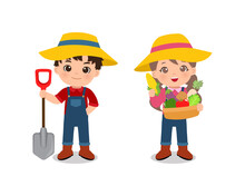 Cute Farmer Boy And Girl With Fresh Vegetables Clipart. Flat Vector Cartoon Design