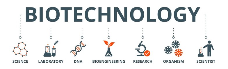 Biotechnology banner web icon vector illustration concept with icon of science, laboratory, dna, bioengineering, research, organism, and scientist