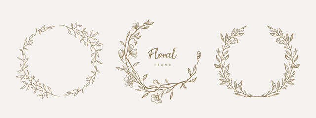 Wall Mural - Hand drawn floral frames with flowers,  branch and leaves. Elegant logo template. Vector illustration for labels, 
branding business identity, wedding invitation