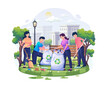 People are cleaning up trash in the park on World Environment Day. Save the planet. Earth Day concept. Flat style vector illustration