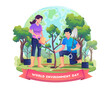 People plant and tend trees for environmental protection and nature care on World Environment Day. Flat style vector illustration