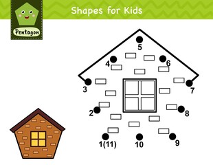 Canvas Print - Connect the dots and draw a house. Dot to dot number game for kids. Learning pentagon shape activity page for preschool. Puzzle template for children. Vector illustration