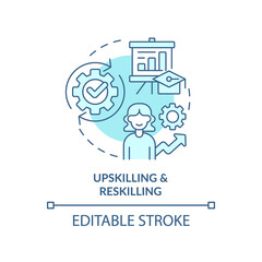 Sticker - Upskilling and reskilling turquoise concept icon. Learning approach abstract idea thin line illustration. Competencies. Isolated outline drawing. Editable stroke. Arial, Myriad Pro-Bold fonts used