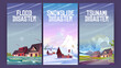 Natural disasters flood, snowslide and tsunami cartoon posters. Nature calamity, cataclysms with houses under water flow, huge waves or snow avalanche. Extreme weather consequences Vector illustration