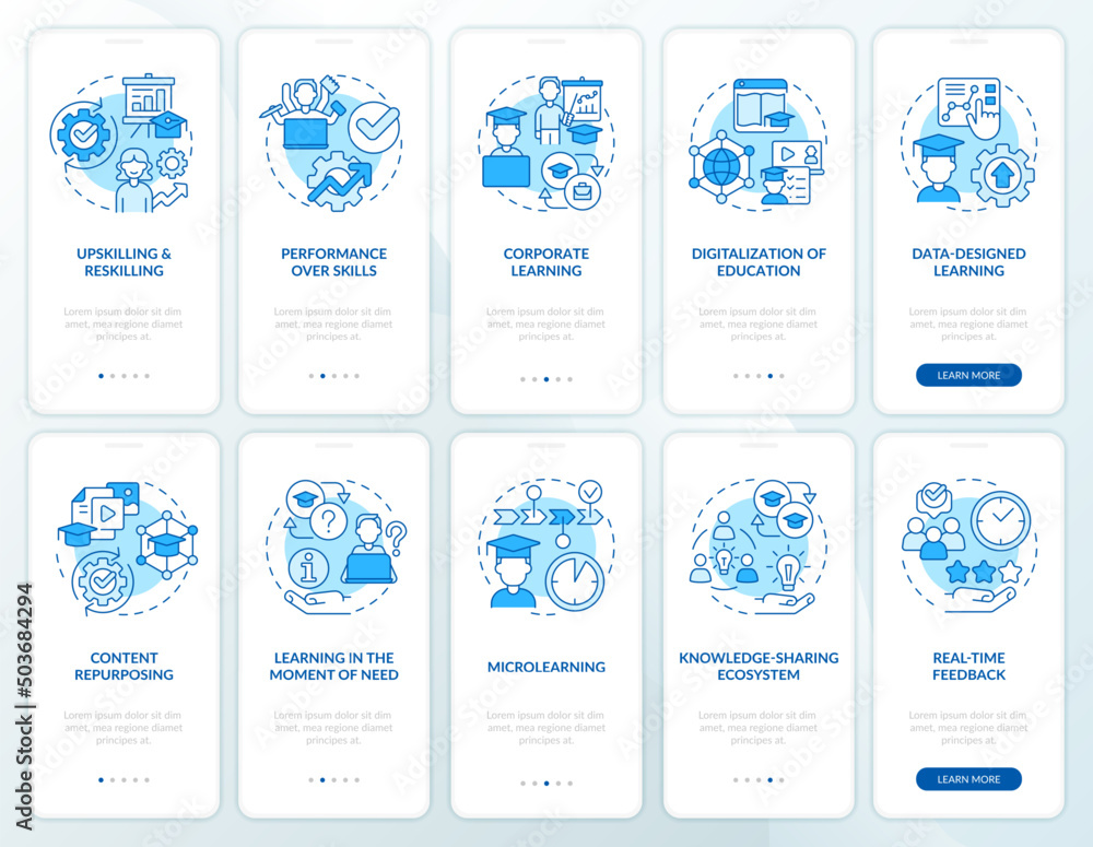 Emerging skills for professionals blue onboarding mobile app screen set ...
