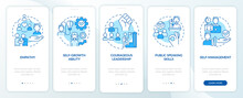 In Demand Soft Skills Blue Onboarding Mobile App Screen. Leadership Walkthrough 5 Steps Graphic Instructions Pages With Linear Concepts. UI, UX, GUI Template. Myriad Pro-Bold, Regular Fonts Used