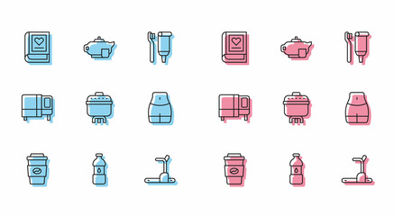 Sticker - Set line Coffee cup to go, Bottle water, Medical book, Treadmill machine, Cooking pot, Women waist, Bed and Teapot with icon. Vector