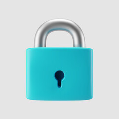 Wall Mural - 3d blue locked padlock icon isolated on gray background. Render minimal closed padlock with a keyhole. Confidentiality and security concept. 3d cartoon simple vector illustration.