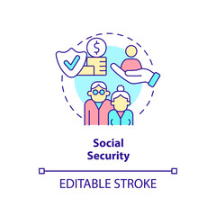 Social security concept icon. Retirement income and insurance. Expenditures abstract idea thin line illustration. Isolated outline drawing. Editable stroke. Arial, Myriad Pro-Bold fonts used