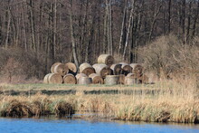 Hay Bales In The Meadow By The Pond