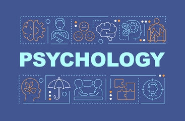 Wall Mural - psychology word concepts dark blue banner. patient care and therapy. infographics with icons on colo