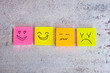 Hand Drawn Happy  and Sad Face Emotions on Colorful Sticky Notes . Empathy Concept  