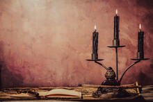 Vintage Wallpaper With Copy Space. Antique Desk With Clock, Inkwell And Pen And Candlestick.