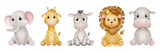 Fototapeta Pokój dzieciecy - Safari animals watercolor illustration with baby elephant, lion, zebra, giraffe, hippopotamus. Set of African wild animals 