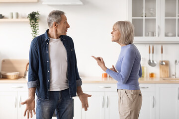 Wall Mural - Elderly couple arguing at kitchen, wife yelling at husband