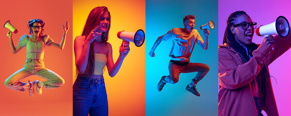 Wall Mural - Happy, excited young people, men and women shouting at megaphone isolated on multicolored background in neon light.