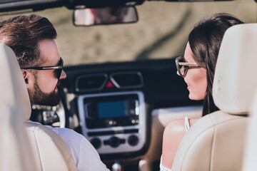 Poster - Photo of cute handsome boyfriend girlfriend dressed casual outfit enjoy sunny weather driving cabriolet outdoors countryside