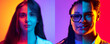 Gender equality. Couple of cropped images of multiethnic men and women on colored background in neon. Collage made of half of faces.