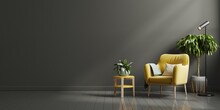 Interior Wall Mockup In Dark Tones With Yellow Armchair On Black Wall Background.