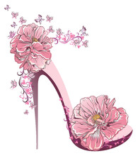 Fashion High Heel Women Shoes Decorated With Pink Flowers And Butterflies. Stylish Girl Stiletto Heels, Vector Illustration