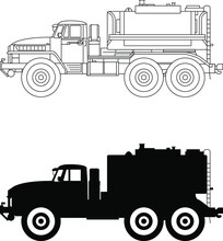 Army Fuel Tanker, Fuel Truck Icon, Drawing, Diagram And Silhouette Vector Image.