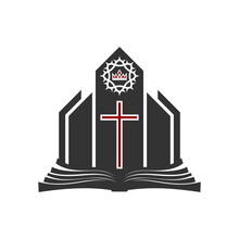 Christian Illustration. Church Logo. The Cross Of The Lord Jesus Christ Against The Background Of The Building, A Crown Of Thorns On Top, An Open Bible At The Base.